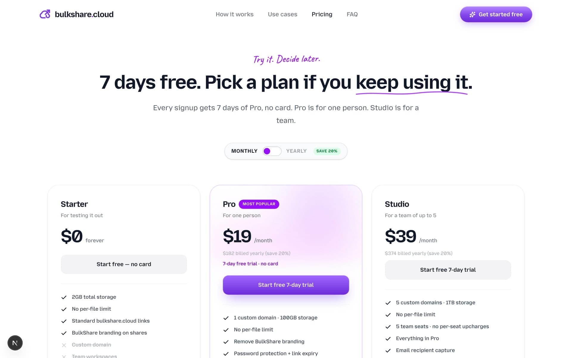 BulkShare pricing tiers — Starter (free) and Pro at $29/mo ($240/yr)