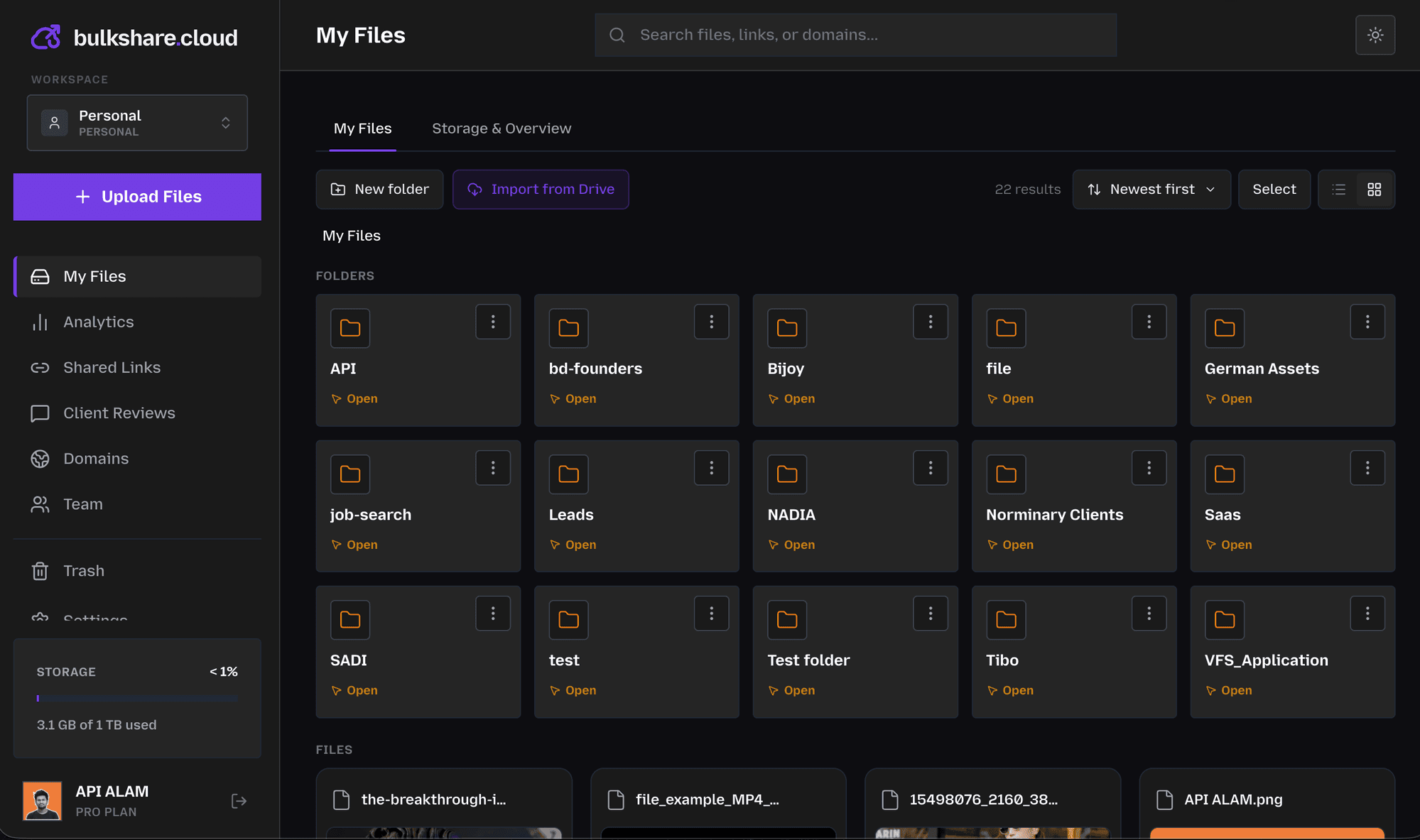 BulkShare dashboard — My Files, branded delivery, analytics, and client reviews